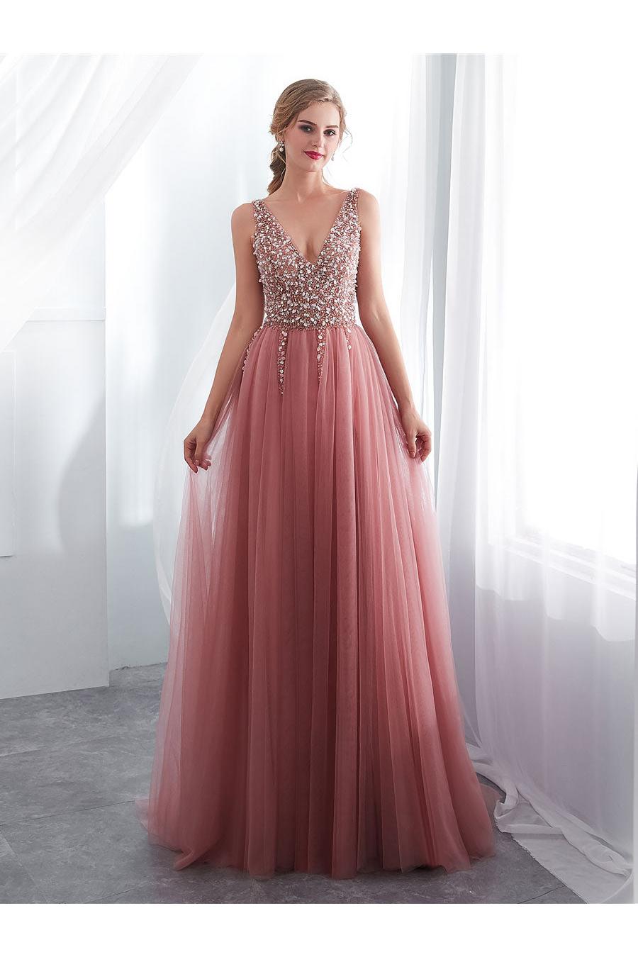 Pink Prom Dress A Line V Neck Beaded Long Tulle Formal Evening Dress