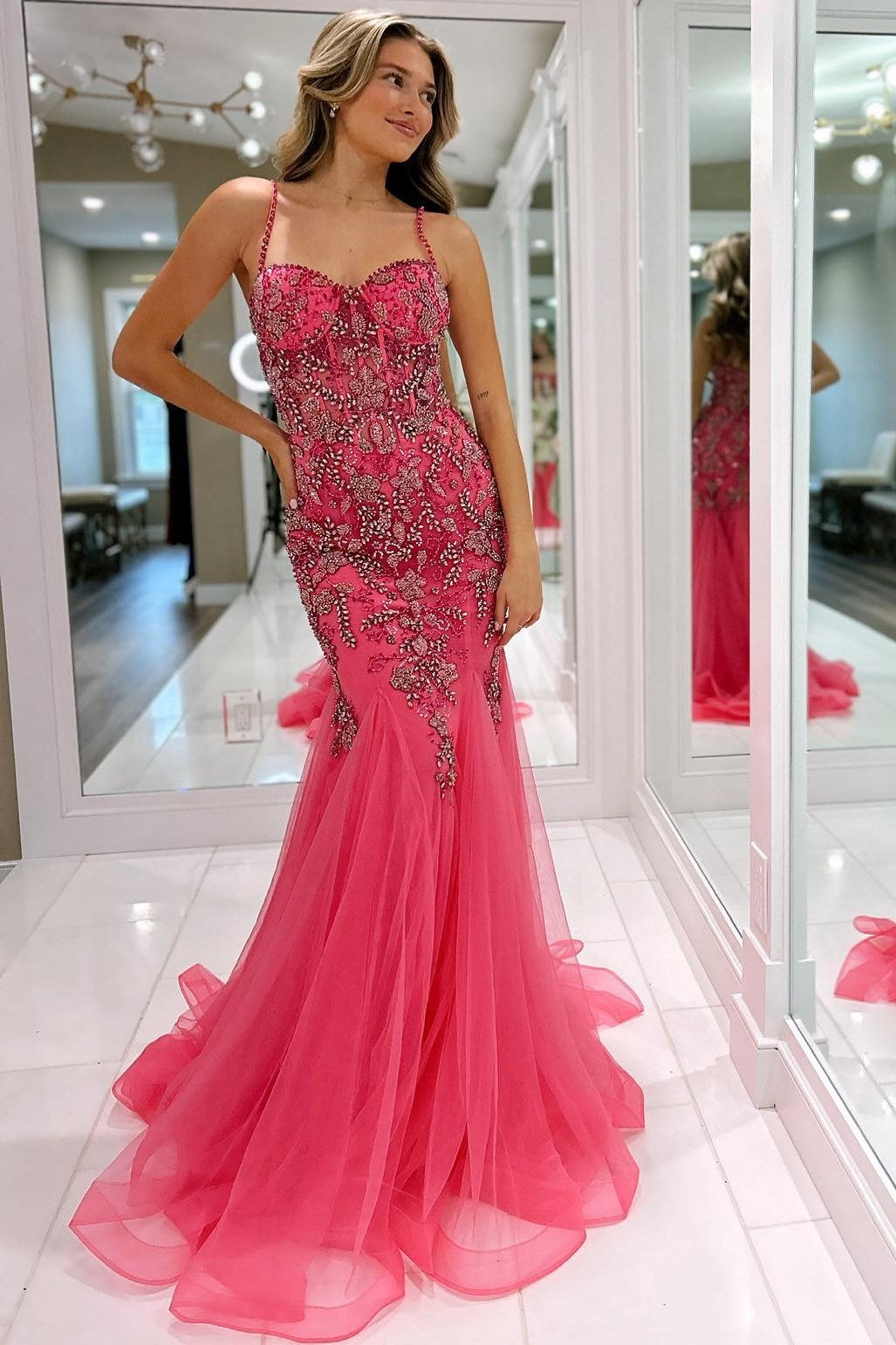 Pink Prom Dress Beaded Spaghetti Strap Trumpet Long Party Cocktail Dress
