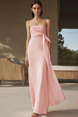 Pink Prom Dress Chiffon Strapless Sheath Ruched Long Formal Dress