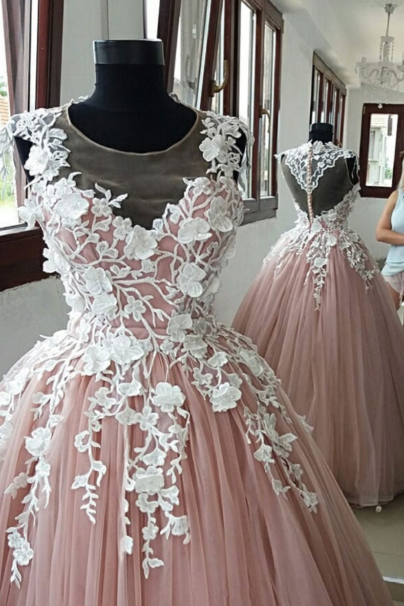 Pink Prom Dress Crew Neck Tulle Lace Appliques e Long Evening Dress