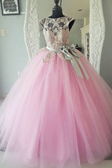 Pink Prom Dress Crew Neck Tulle Lace Beaded Long Formal Gown Evening Dress