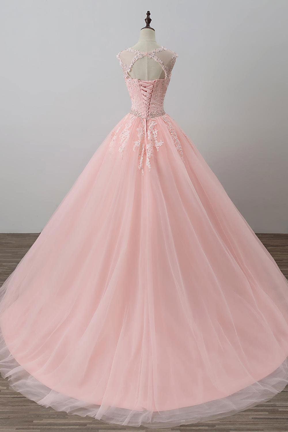 Pink Prom Dress Crew Neck Tulle Lace Long Evening Dress