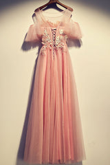 Pink Prom Dress Crew Neck Tulle Lace Long Evening Dress
