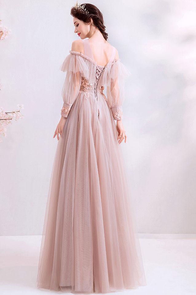 Pink Prom Dress Crew Neck Tulle Lace Long Evening Dress