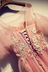 Pink Prom Dress Crew Neck Tulle Lace Long Evening Dress