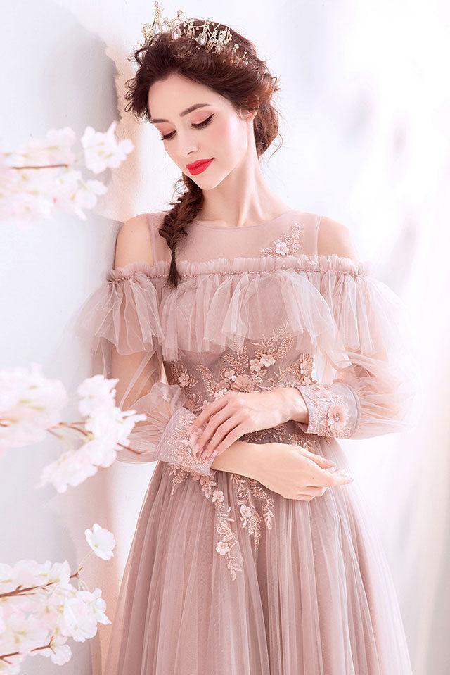 Pink Prom Dress Crew Neck Tulle Lace Long Evening Dress