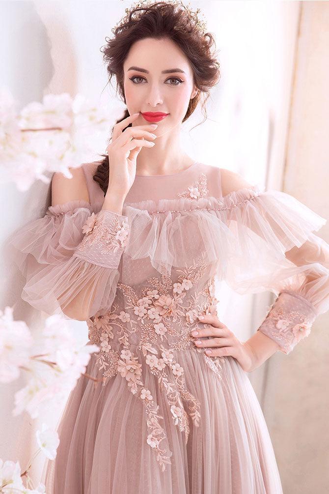 Pink Prom Dress Crew Neck Tulle Lace Long Evening Dress
