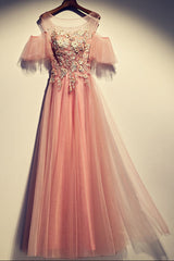 Pink Prom Dress Crew Neck Tulle Lace Long Evening Dress