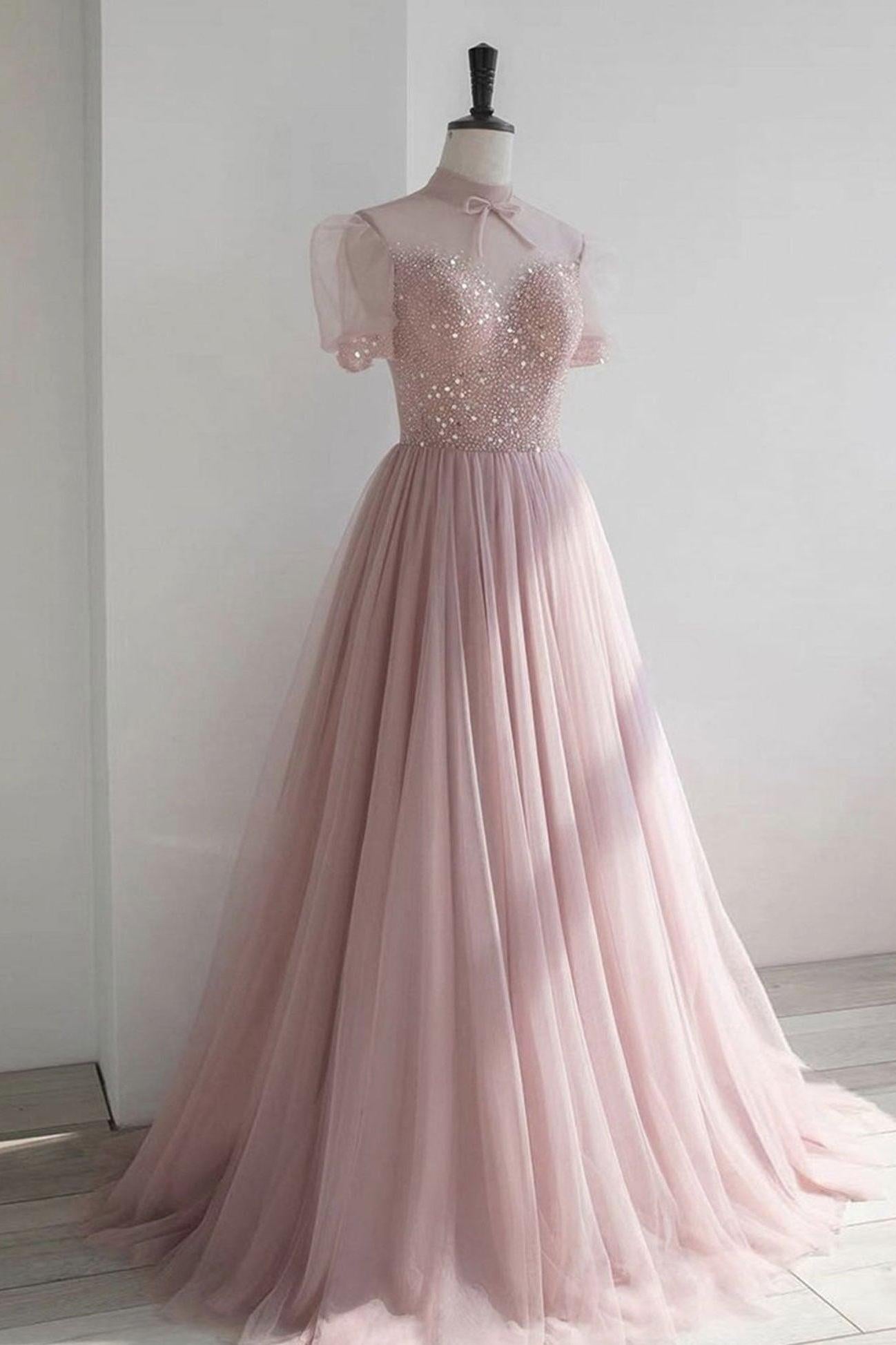 Pink Prom Dress Crew Neck Tulle Sequin Long Formal Dress Evening Dress