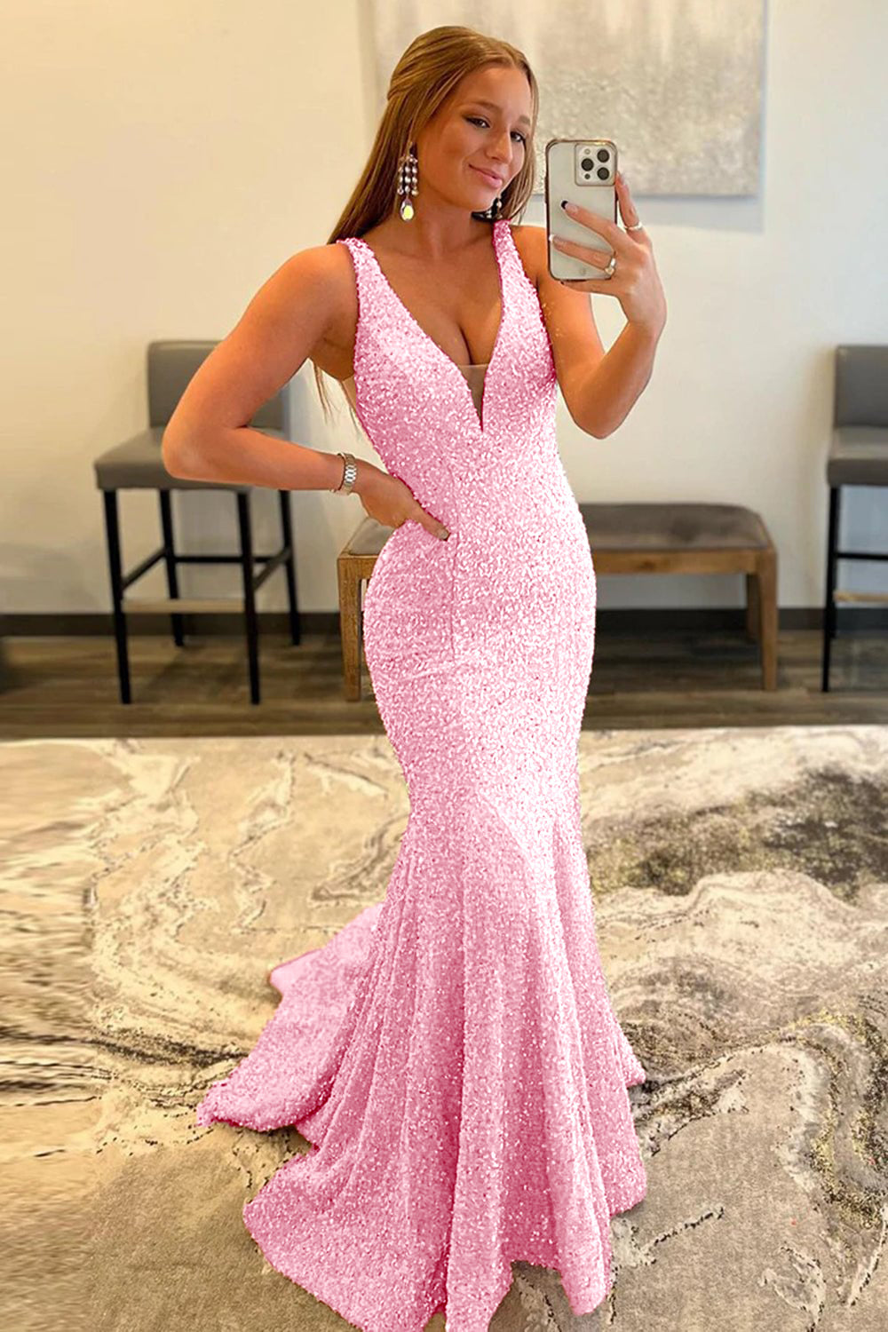 Pink Prom Dress Deep V Neck Mermaid Evening Dress