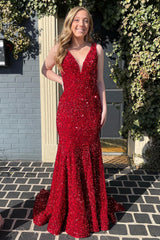Pink Prom Dress Deep V Neck Mermaid Evening Dress
