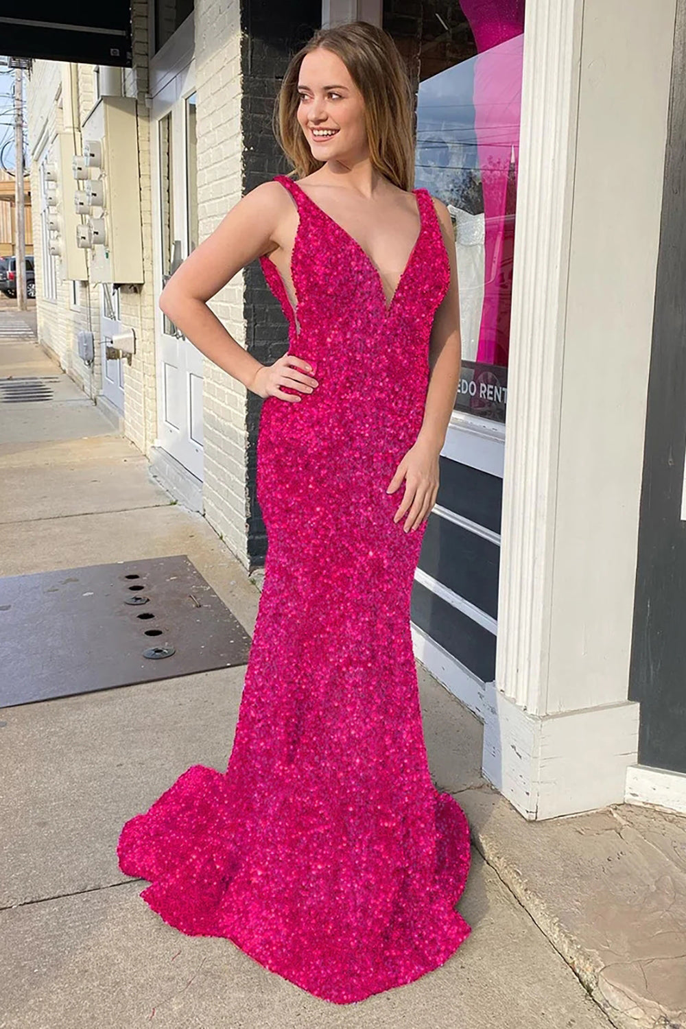 Pink Prom Dress Deep V Neck Mermaid Evening Dress