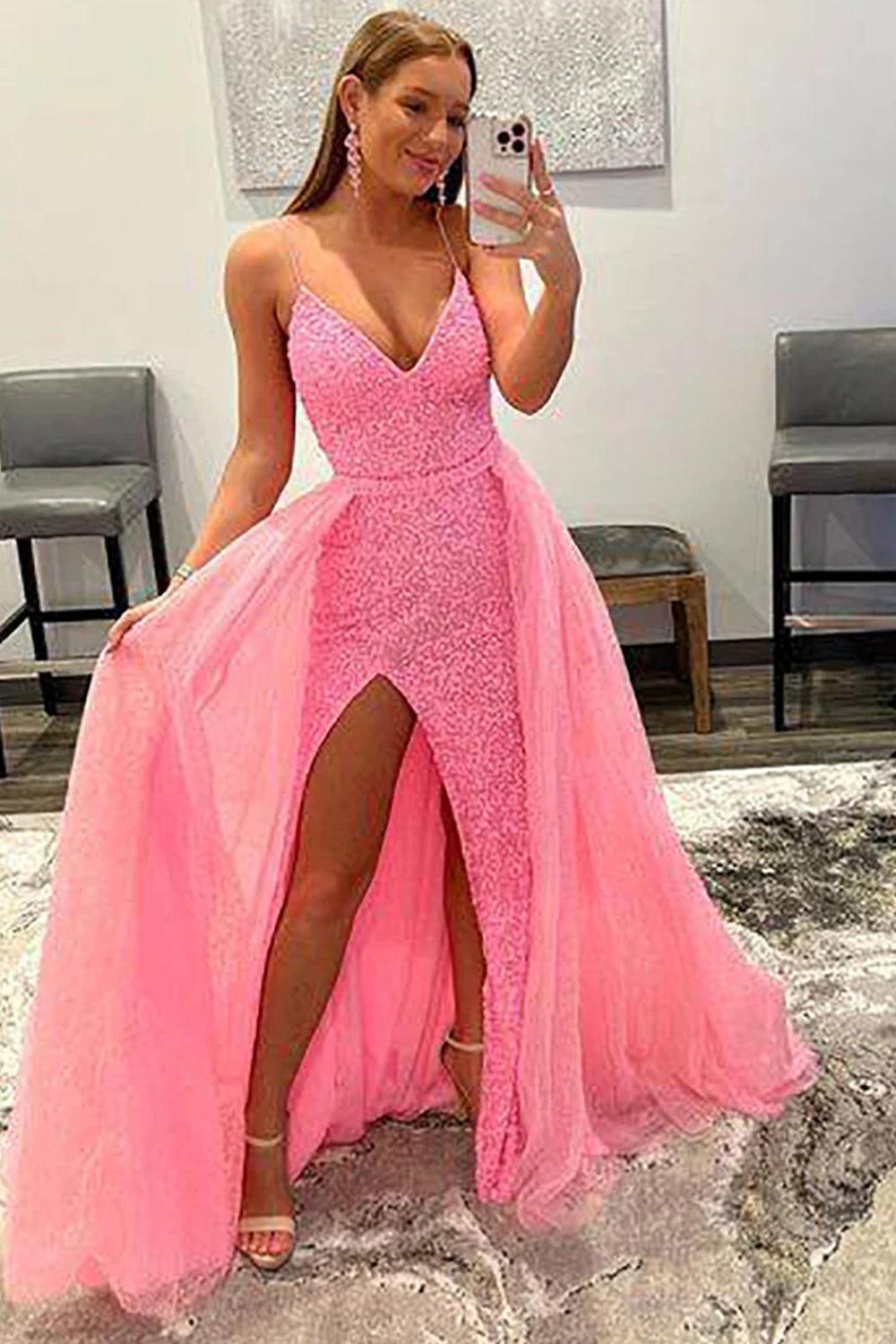 Pink Prom Dress Detachable Train Sequined Evening Dress with Slit