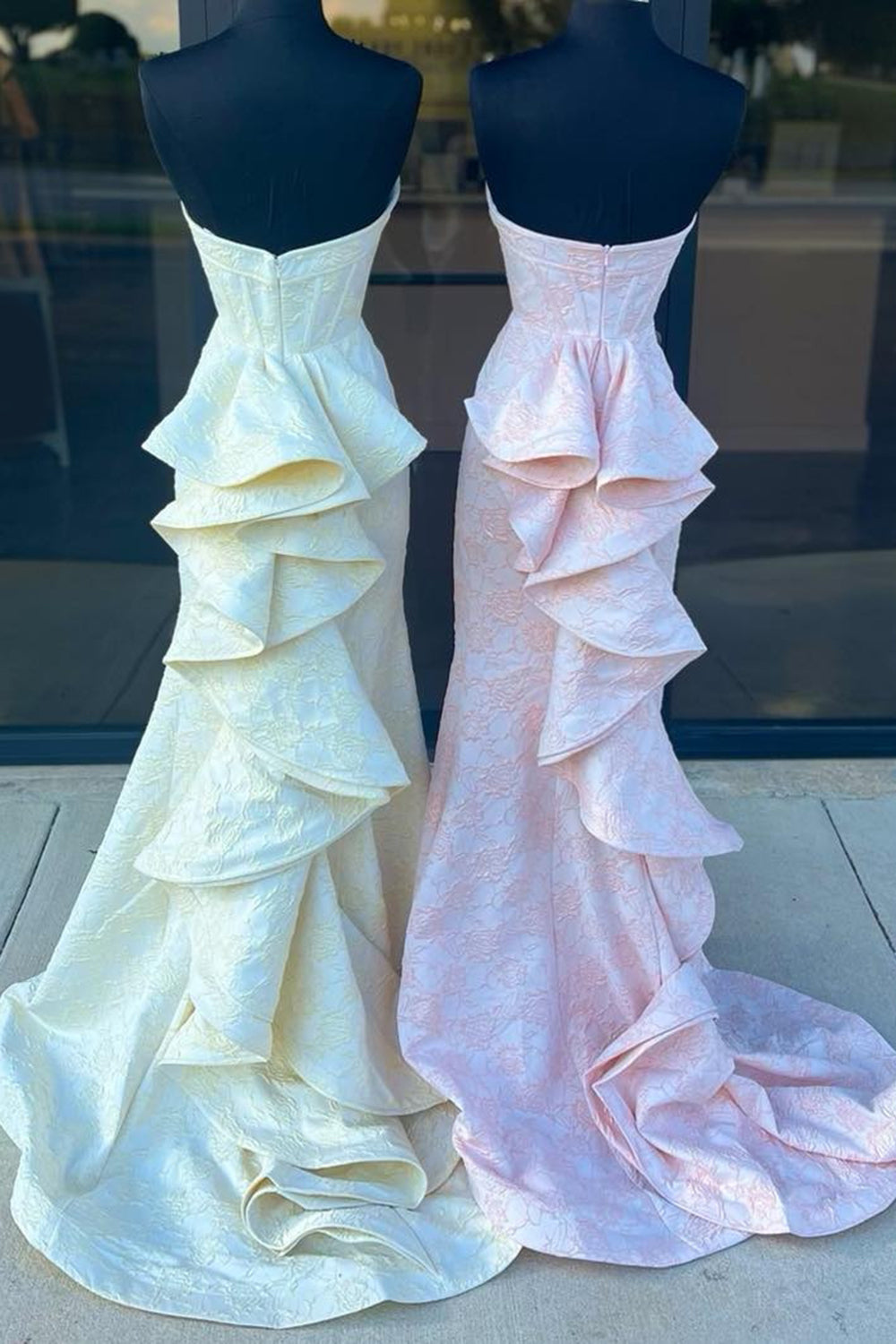 Pink Prom Dress Floral Ruffled Mermaid Sweetheart Long Evening Dress with Slit