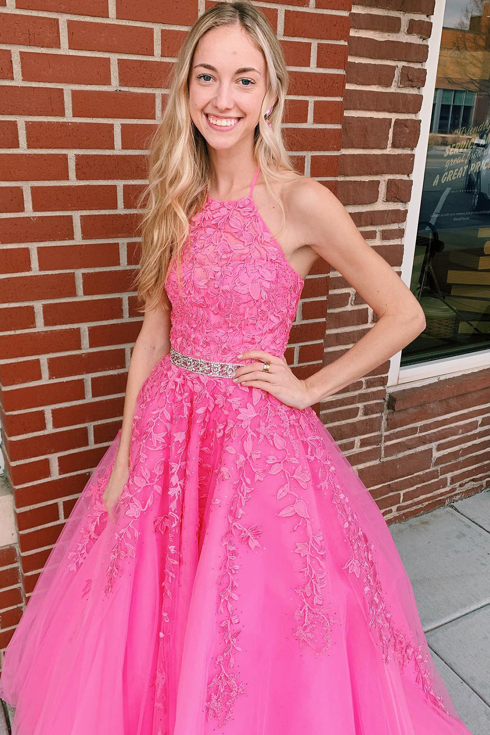 Pink Prom Dress Halter Long Evening Dress With Appliques