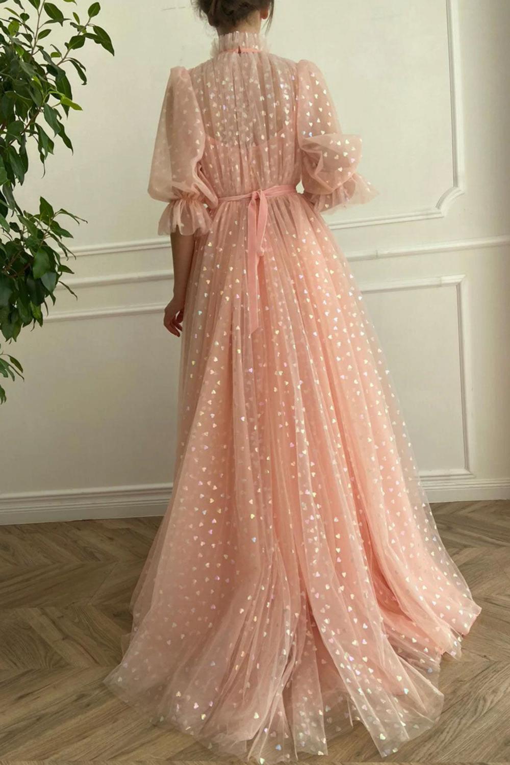 Pink Prom Dress High Neck Tulle Long Formal Evening Dress