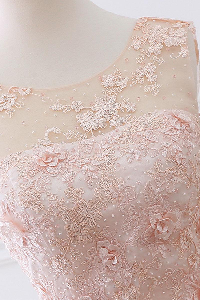 Pink Prom Dress Lace Crew Neck Tea Length Evening Dress