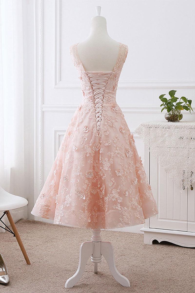 Pink Prom Dress Lace Crew Neck Tea Length Evening Dress