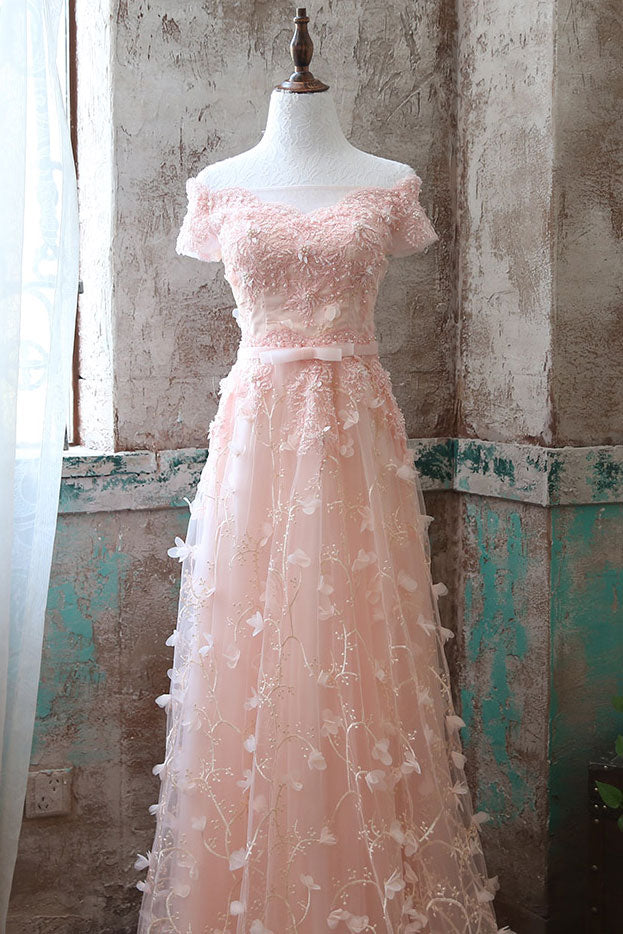 Pink Prom Dress Lace Tulle Long Evening Dress