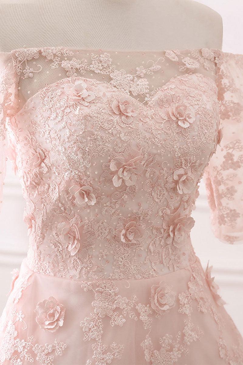 Pink Prom Dress Lace Tulle Tea Length Evening Dress