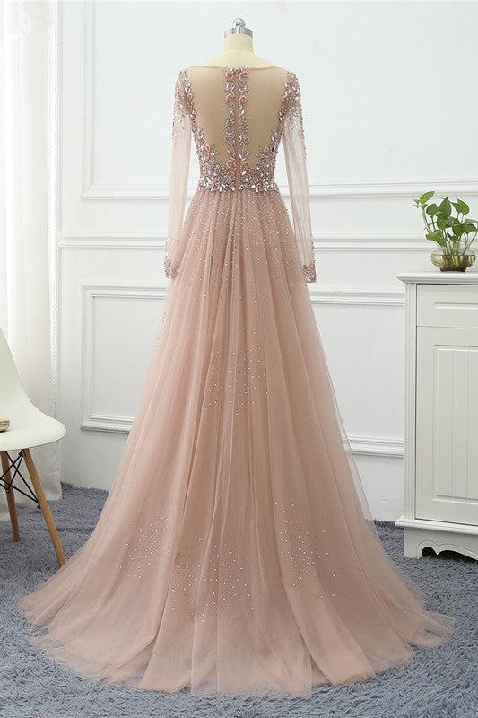 Pink Prom Dress Long Sleeve V Neck Formal Dress With Beadings and Rhinestones