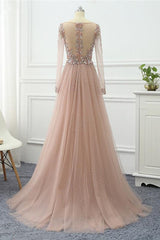 Pink Prom Dress Long Sleeve V Neck Formal Dress With Beadings and Rhinestones