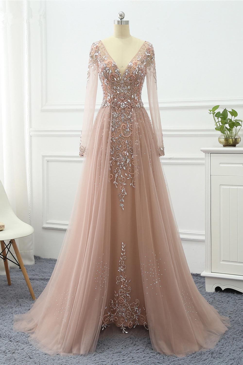 Pink Prom Dress Long Sleeve V Neck Formal Dress With Beadings and Rhinestones