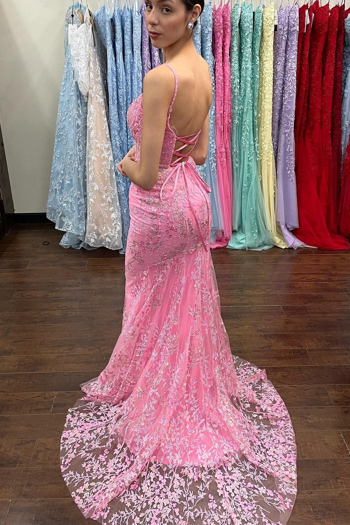 Pink Prom Dress Mermaid Lace Appliques Long Evening Dress