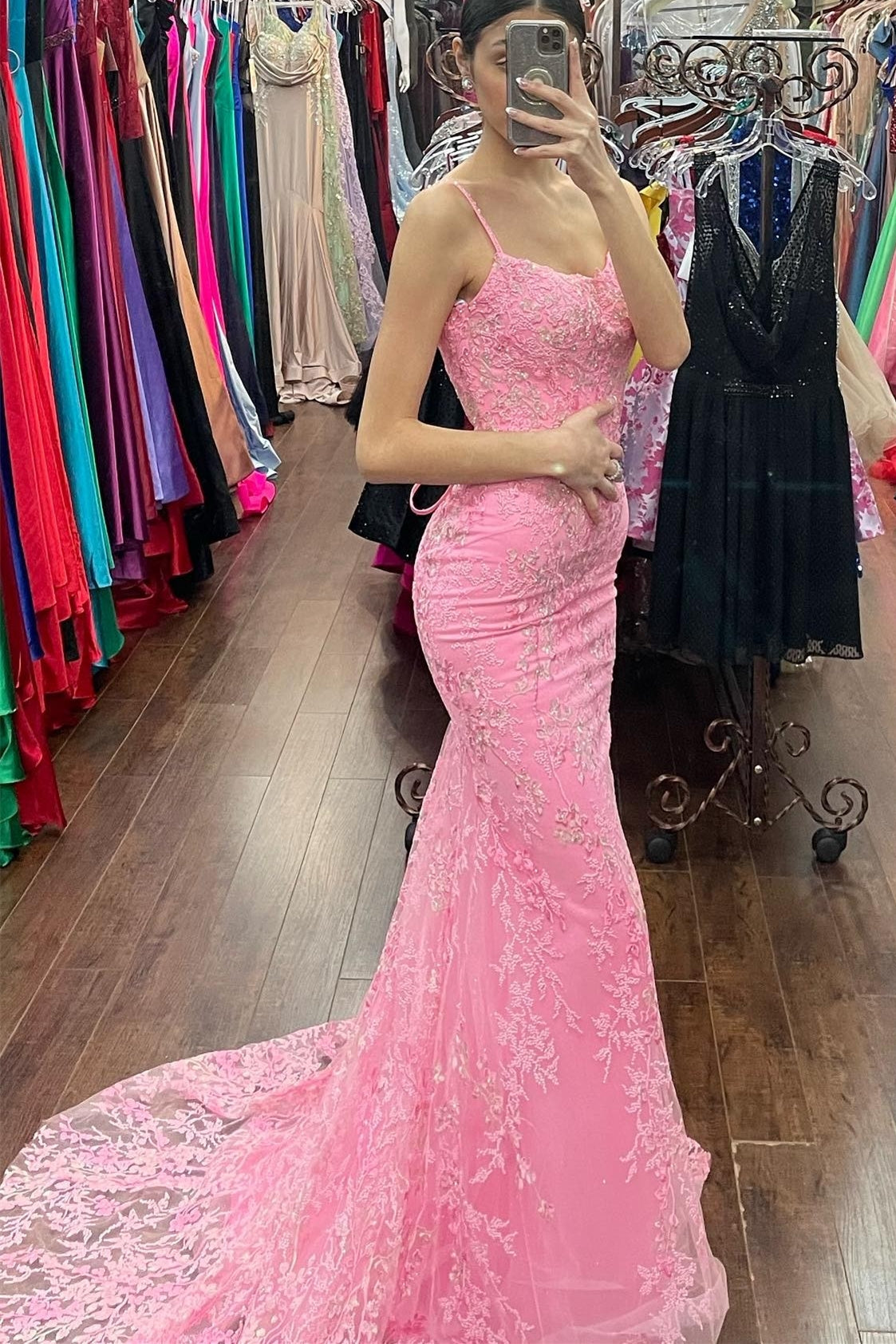 Pink Prom Dress Mermaid Lace Appliques Long Evening Dress
