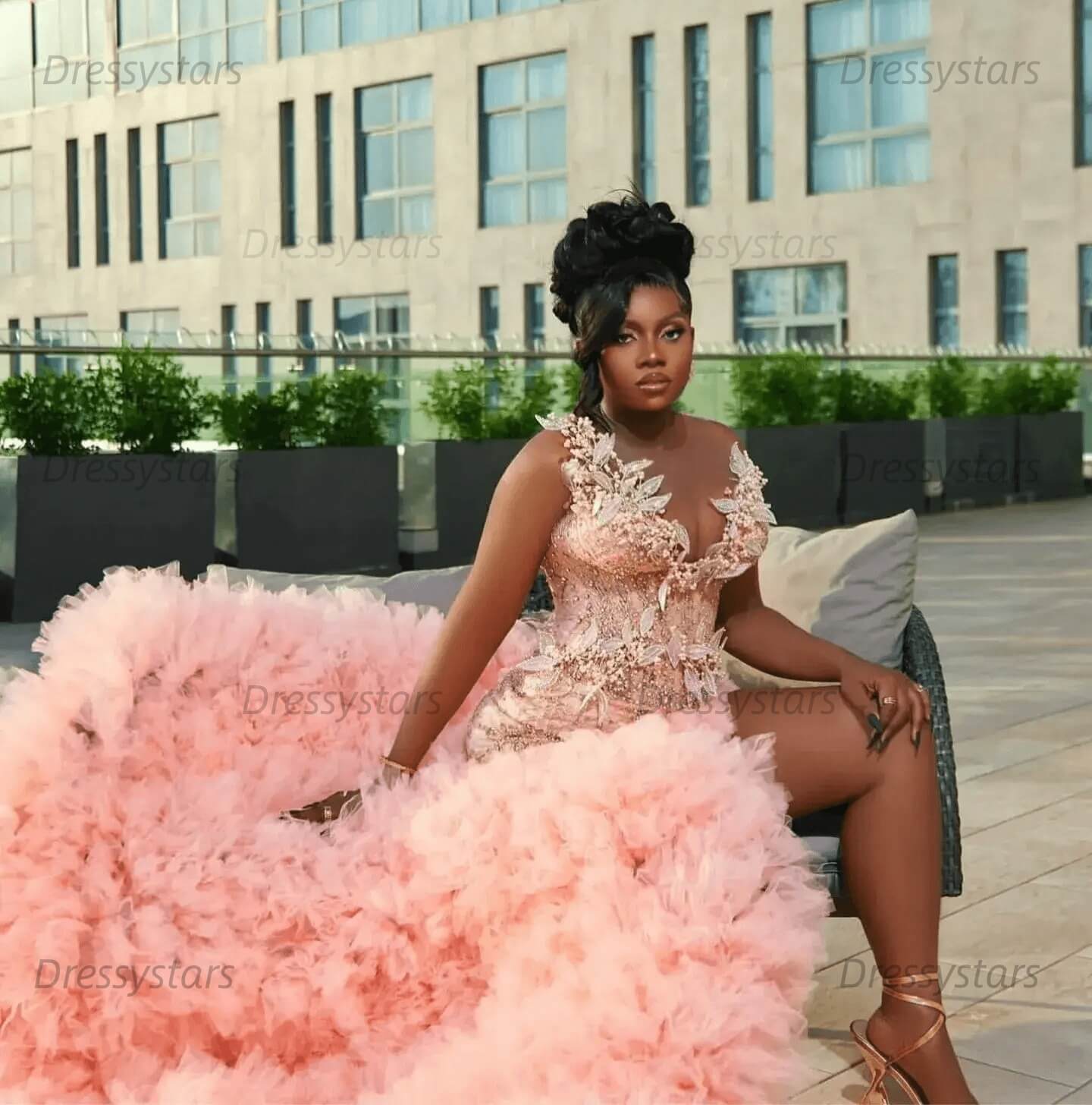 Pink Prom Dress Mermaid Ruffled Beaded Pearls Illusion Crew Neck Formal Dress With Slit