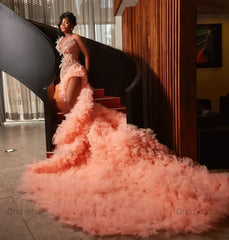 Pink Prom Dress Mermaid Ruffled Beaded Pearls  Illusion Crew Neck Formal Dress With Slit