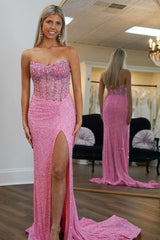 Pink Prom Dress Mermaid Strapless Corset Long Evening Dress with Slit