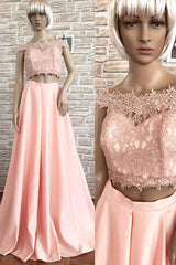 Pink Prom Dress Off the Shoulder Lace Two Piece Long Evening Dress