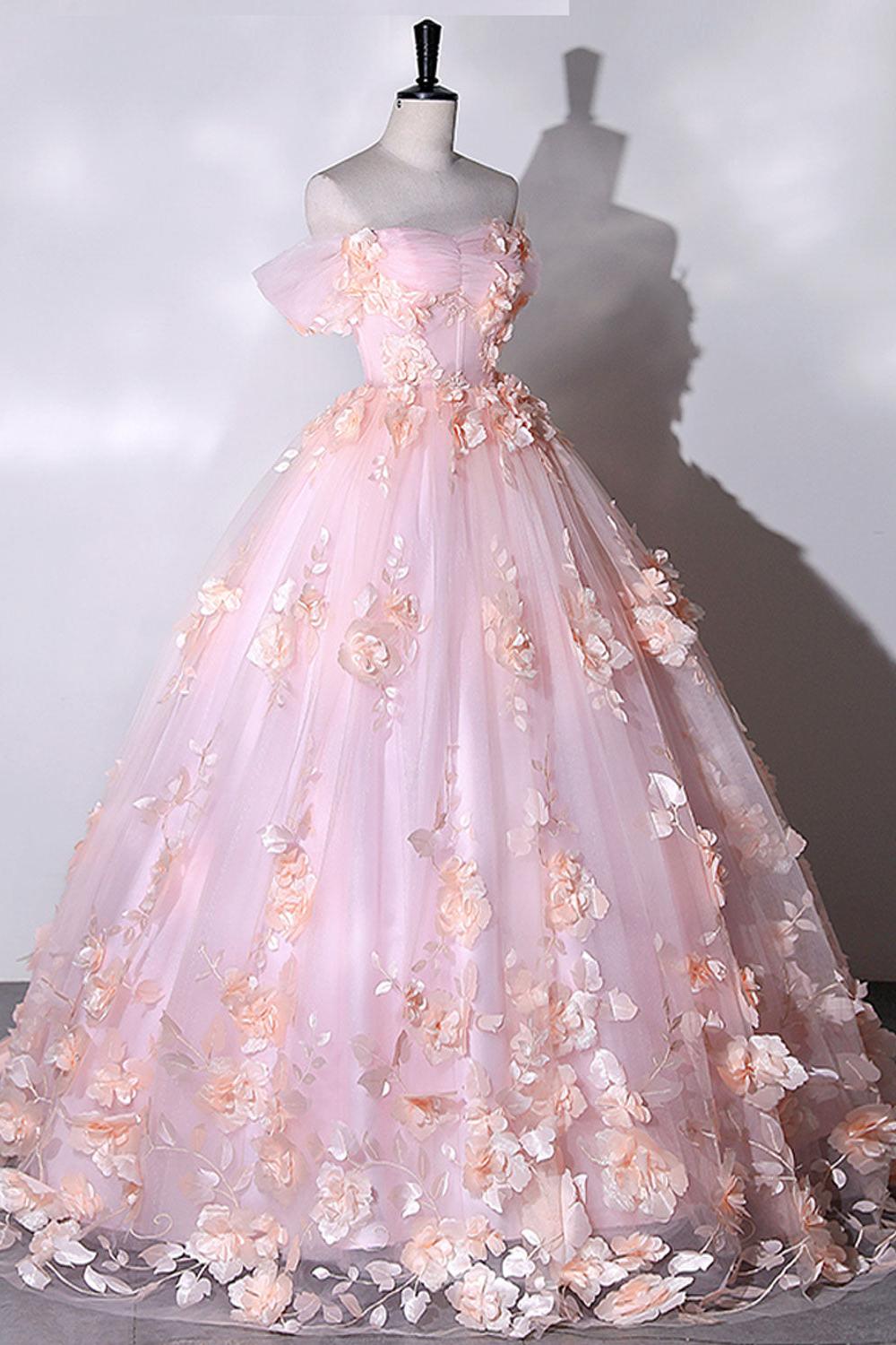 Pink Prom Dress Off the Shoulder Tulle Lace Appliques Long Sweet 16 Dress Evening Dress