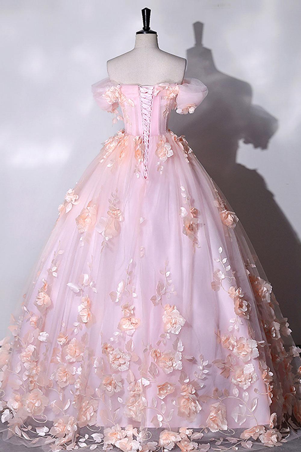 Pink Prom Dress Off the Shoulder Tulle Lace Appliques Long Sweet 16 Dress Evening Dress