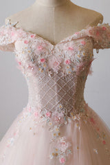Pink Prom Dress Off the Shoulder Tulle Lace Long Formal Gown Evening Dress
