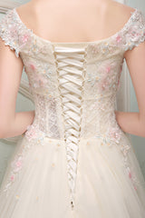 Pink Prom Dress Off the Shoulder Tulle Lace Long Formal Gown Evening Dress