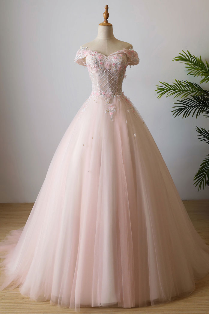 Pink Prom Dress Off the Shoulder Tulle Lace Long Formal Gown Evening Dress