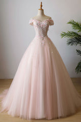 Pink Prom Dress Off the Shoulder Tulle Lace Long Formal Gown Evening Dress