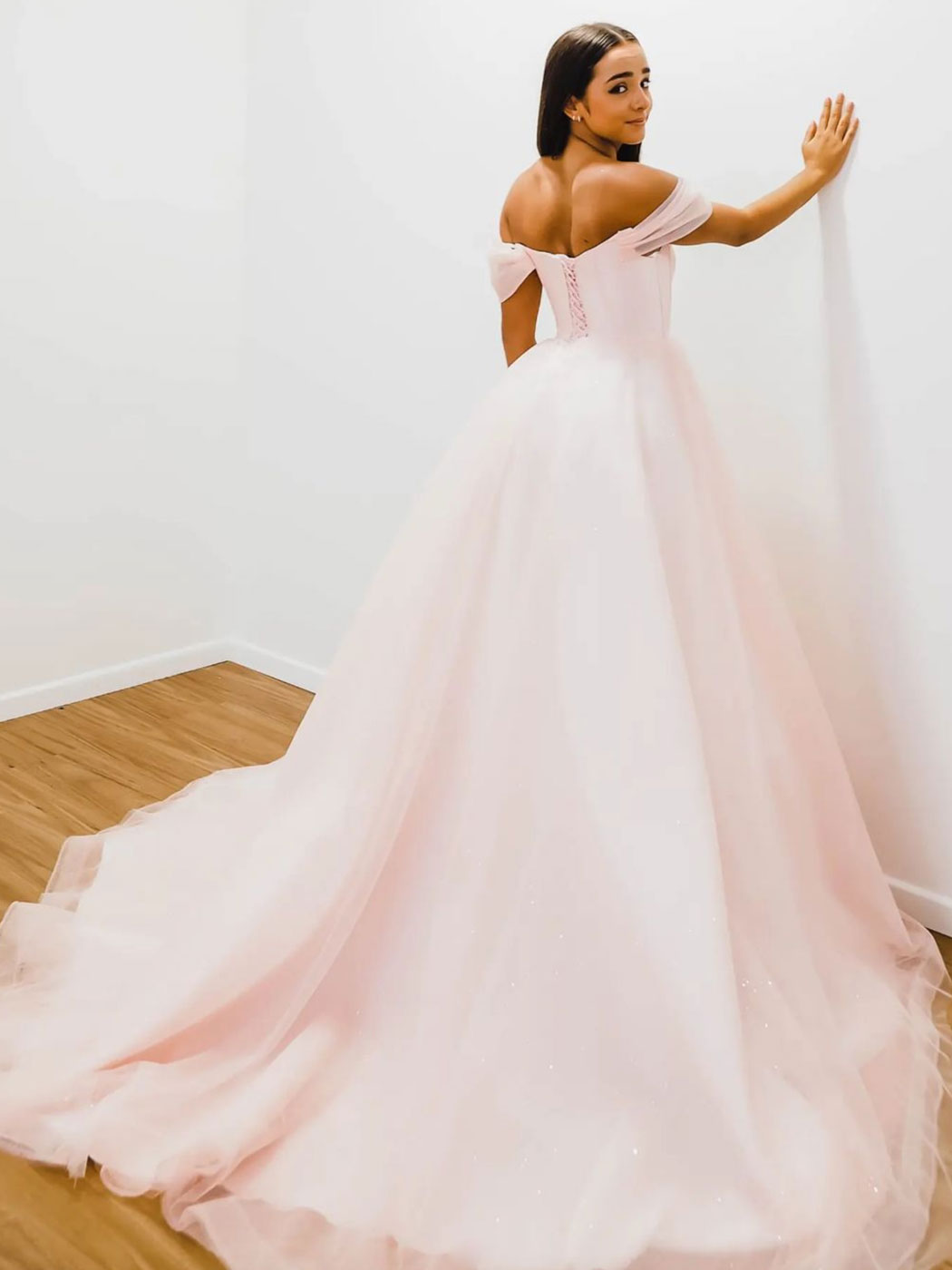 Pink Prom Dress Off the Shoulder Tulle Long A Line Evening Dress
