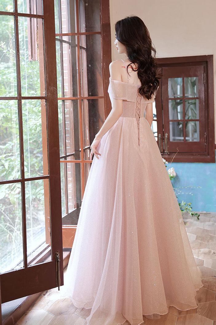 Pink Prom Dress Off the Shoulder Tulle Long Formal Evening Dress