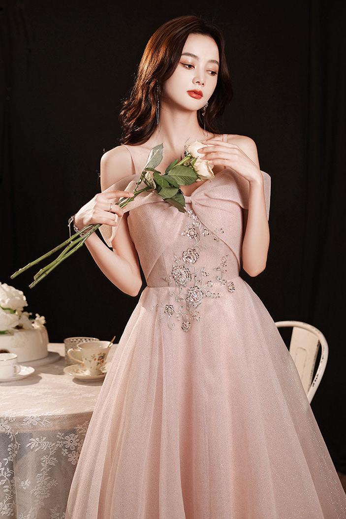 Pink Prom Dress Off the Shoulder Tulle Long Formal Evening Dress