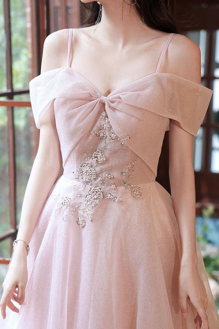 Pink Prom Dress Off the Shoulder Tulle Long Formal Evening Dress