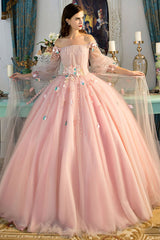 Pink Prom Dress Off the Shoulder Tulle Long Sweet 16 Dress Formal Gown Evening Dress