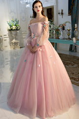 Pink Prom Dress Off the Shoulder Tulle Long Sweet 16 Dress Formal Gown Evening Dress