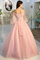 Pink Prom Dress Off the Shoulder Tulle Long Sweet 16 Dress Formal Gown Evening Dress