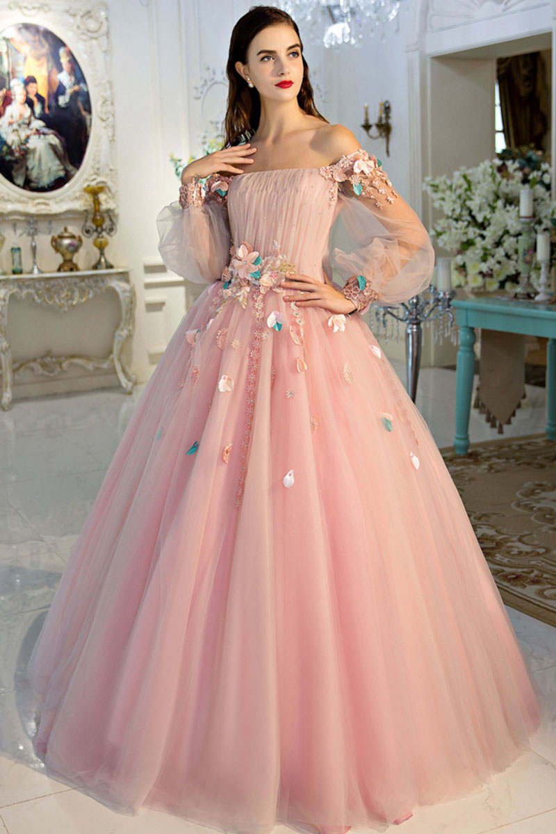 Pink Prom Dress Off the Shoulder Tulle Long Sweet 16 Dress Formal Gown Evening Dress
