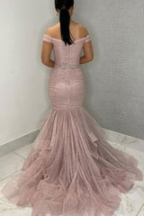 Pink Prom Dress Off the Shoulder Tulle Sequin Long Formal Gown Evening Dress
