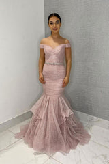 Pink Prom Dress Off the Shoulder Tulle Sequin Long Formal Gown Evening Dress