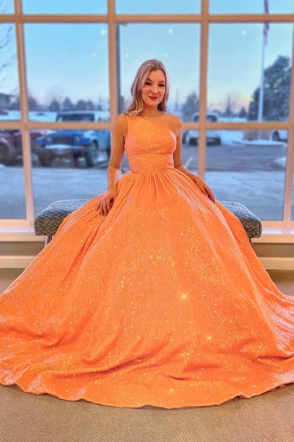 Pink Prom Dress One Shoulder A Line Sequined Evening Dress